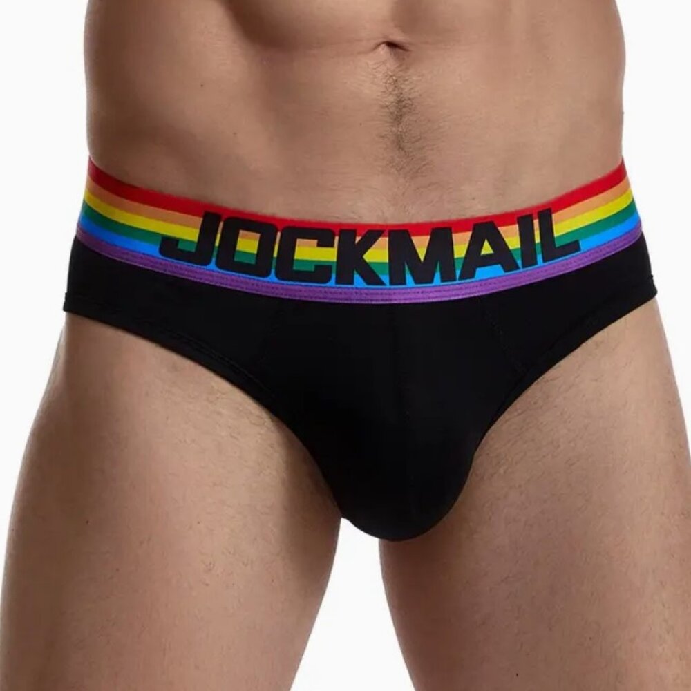 Men's Briefs with Rainbow Stripe Waistband Low Rise Underwear Black Large